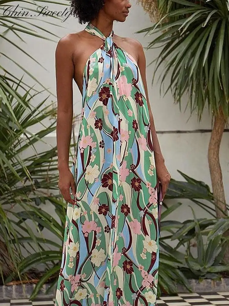 

Printed Halterneck Boho Women Midi Dress 2022 Summer Sleeveless Backless Long Dresses Female Fashion Lady Streetwear Clothes