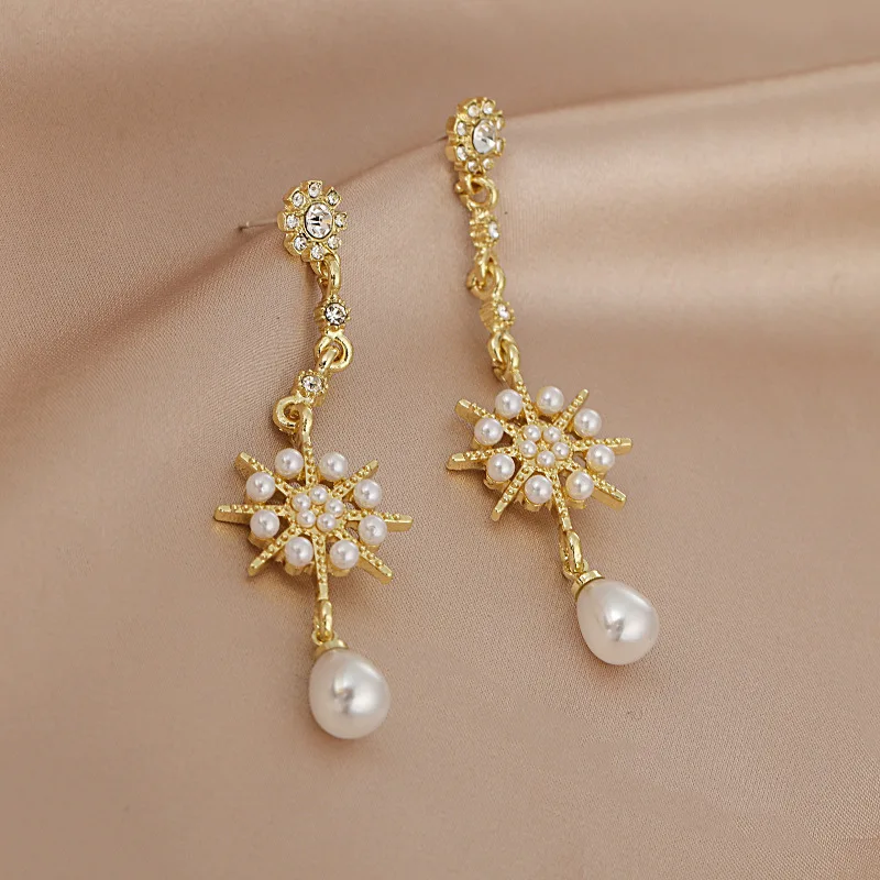 

S925 Silver Needle Snowflake Pearl Water Drop Long Tassel Earrings 2021 New Zircon Long Earrings Chinese Fashion Wholesale