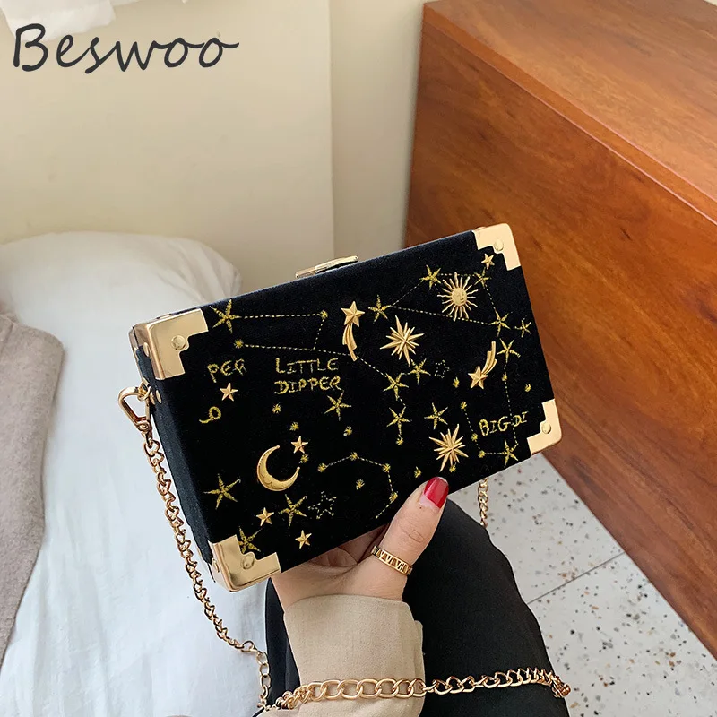 

Fashion Velvet Box Bag Women Embroidered Star Square Handbags for Women Purses Exquisite Chain Female Shoulder Crossbody Bag