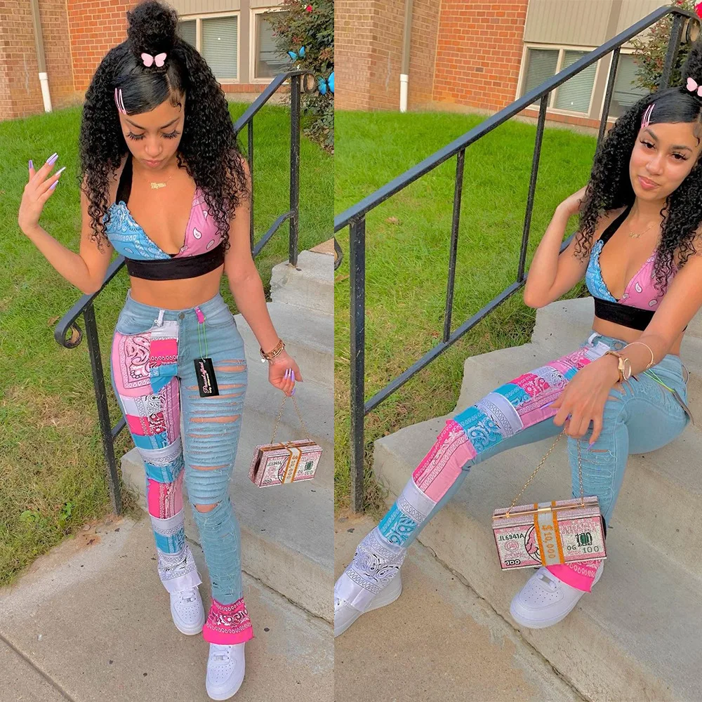 Women Bandanna Patchwork Cut Out Hole Bell Pasiley Buttom Wide Leg Jeans High Street Leggings Flare Denim Draped Denim Trousers