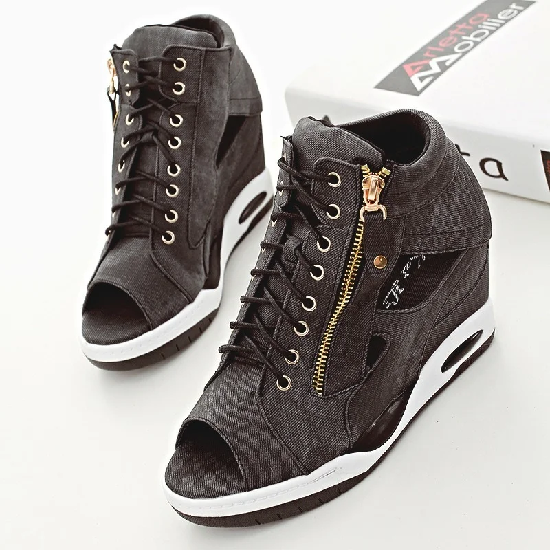 

Fashion Wedge Heel Denim Women's Shoes 2022 Summer New Lace-up Zipper Thick Sole Sandals Fish Mouth Open Toe Sandals Platform PU
