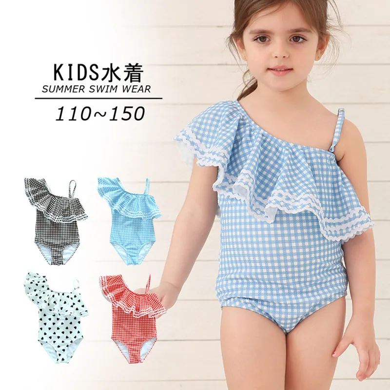

Children One Piece Swimsuit 2022 Shoulder Suntan Strap Swimming Suit Flounces Checkered Beach Suit Swimwear Gril Bathing Suit