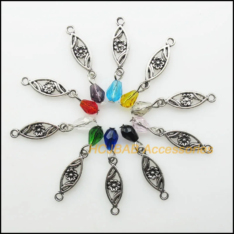 

20Pcs Mixed Teardrop Crystal Antique Silver Color Oval Flower Charms Pendants 8x24mm