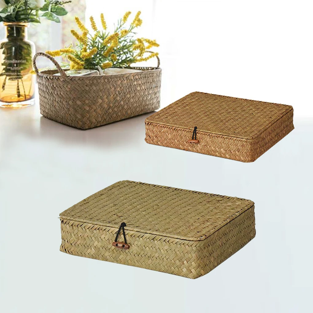 

Hand-woven Rattan Wicker Basket StationerySnack Container Cosmetic Storage Box Desktop Living Room Organizer Yellow