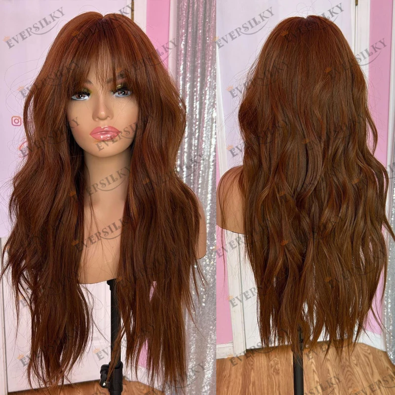 100% Human Hair Copper Brown Long Wavy Soft Black Women Wigs Natural Fringe Curtain Bangs Glueless 13x6 Lace Front Wigs