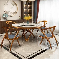 Ebony marble round dining table and chair combination household new Chinese solid wood round dining table with turntable one tab