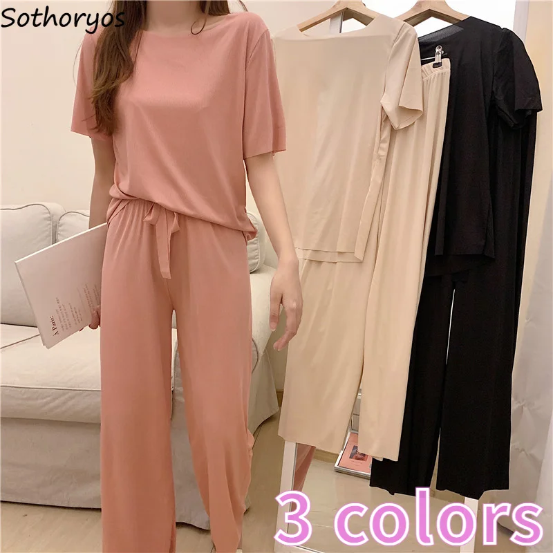 

Women Pajama Sets Solid Elegant Short Sleeve T-shirts Pants High Elastic Waist Simple Basic Sleepwear Gentle Female Cozy Soft
