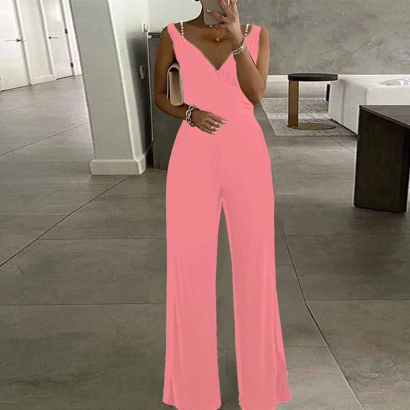 

Женский комбинезон на бретельках, однотонный комбинезон с бусинами, сексуальный комбинезон с глубоким V-образным вырезом и высокой талией, летние комбинезоны на бретельках с широкими штанинами