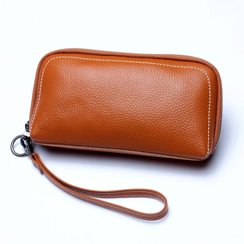 2022 Women's Hand-Held Mobile Phone Bag First Layer Cowhide Cosmetic Bag New European And American Long Large-Capacity Wallet