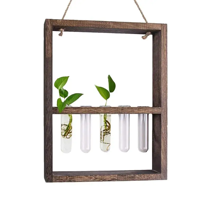 Propagation Stations Suspensible Hydroponic Test Tubes Flower Vases Plant Display Glass Bud Vase With 5 Test Tube Wooden Stand H