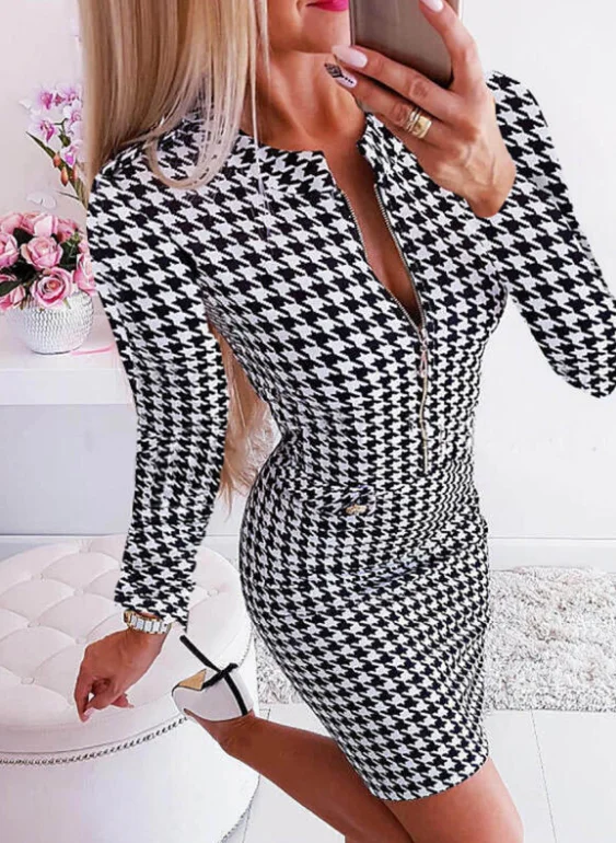 

Houndstooth Printed Midi Dress Women Spring 2022 Fashion Long Sleeve Slim Elegant Bodycon Pencil Dresses