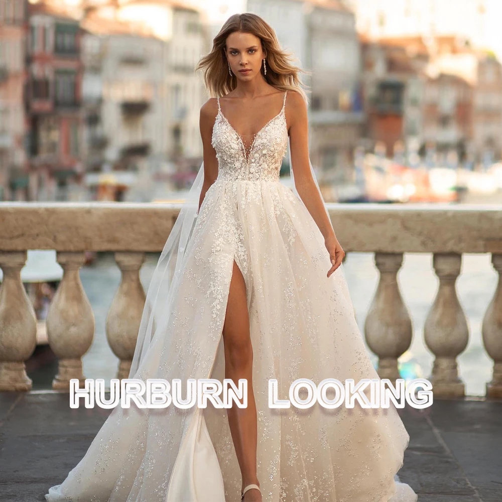 

HERBURN Sexy Slit Wedding Dresses Spaghetti Straps Sweetheart Crystal Stylish Goddess Bling Marriage Bride Gown Drop Shipping