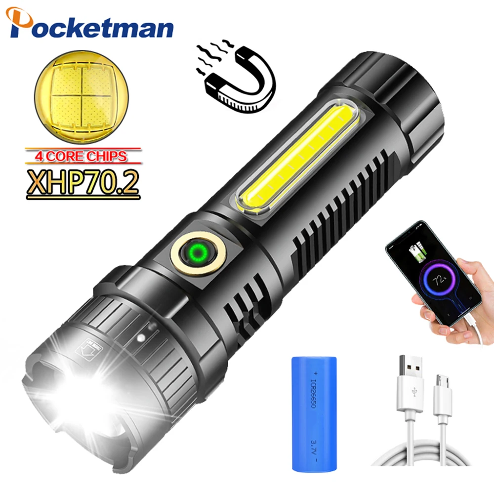 

Powerful LED XHP70.2 Flashlight USB Rechargeable Telescopic zoom Torch Lanterna with Power Tips Power Bank Use 26650 for Camping