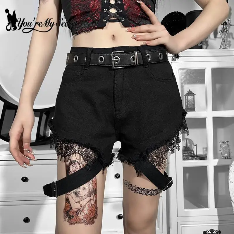 

[You're My Secret]Dark Gothic Style 2022 Spring and Summer New Super Shorts Solid Color Hole Distressed Women's Hot Pants Outing