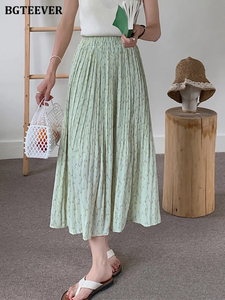 

BGTEEVER Casual Chiffon Pleated Skirts for Women Elastic Waist Loose Floral Printed Female A-line Skirts Summer