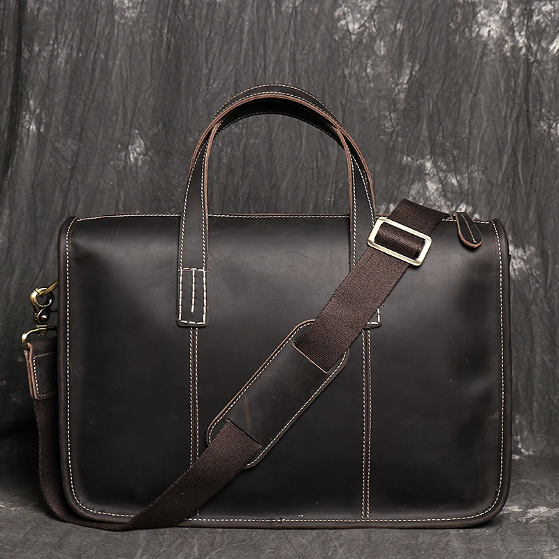 Men's Genuine Leather Briefcase Messenger Bag 14 Inch Laptop Bag Male Dark Brown Office Business Bag Executive Briefcase