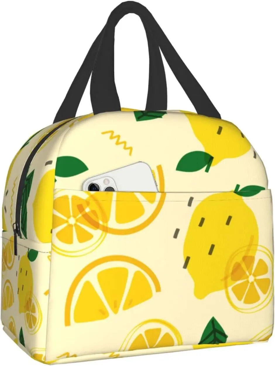 

Cute Lemon Fruit On Yellow Lunch Box Bento Box Insulated Lunch Boxes Reusable Waterproof Lunch Bag With Front Pocket For