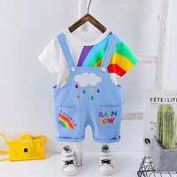 summer cute boy girl cotton rainbow outfits suit print t shirt letter strap pants baby toddler kids children clothing sets