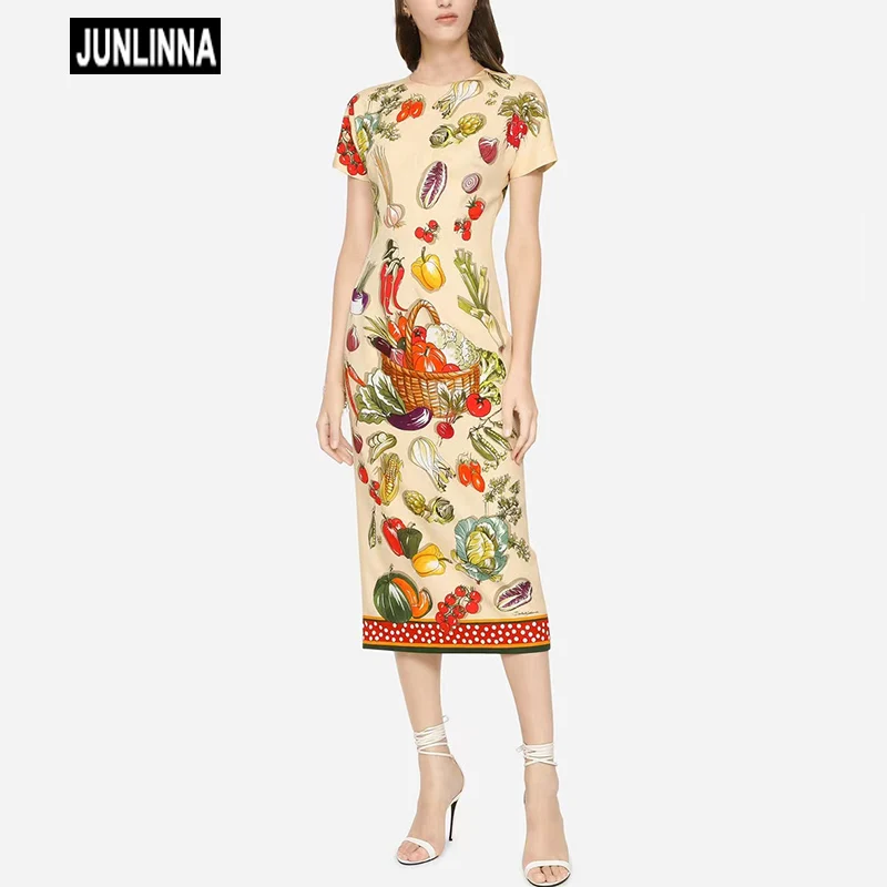 

JUNLINNA Silk Dress Women Summer Fashion Vegetable Printed Party Vacation Vestidos Crew Neck Short Sleeve Sliming Elegant Lady