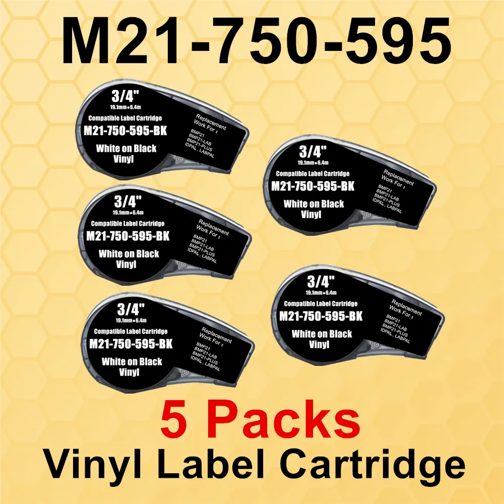 

5PK Vinyl Label Cartridge TAPE M21 750 595 White on Black,Black on Yellow,Blue,Red For BMP21 PLUS, BMP21-LAB Printer Labeling