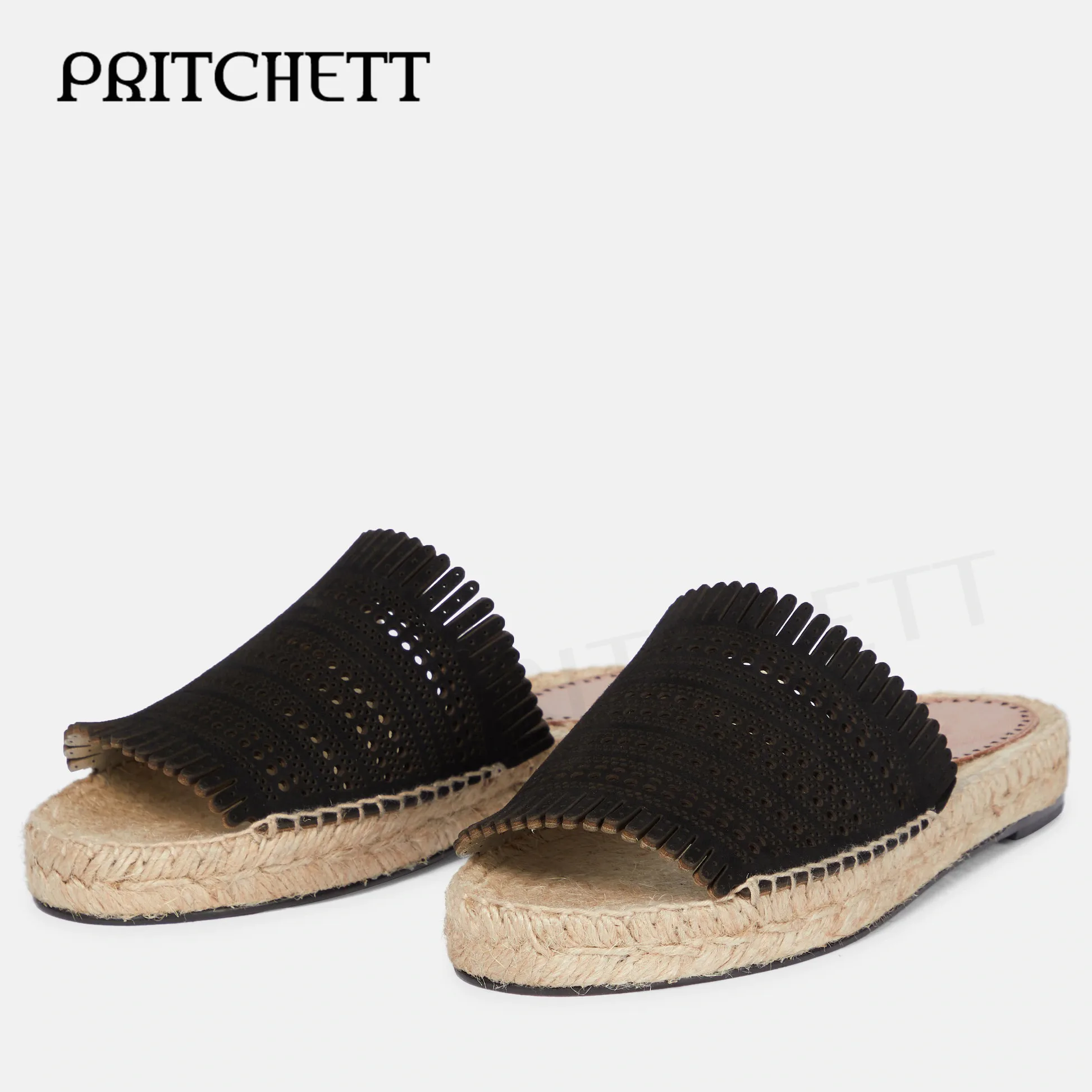 Black Suede Openwork Flat Sandals Open Toe Round Toe Woven Midsole Pink Slippers Fashion Hollow Fringe Edge Casual Slippers