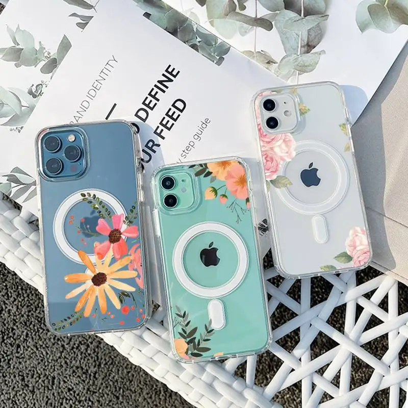 

flowers Phone Case For iPhone 13 12 11 Mini Pro Max transparent Super Magnetic MagSafe Cover