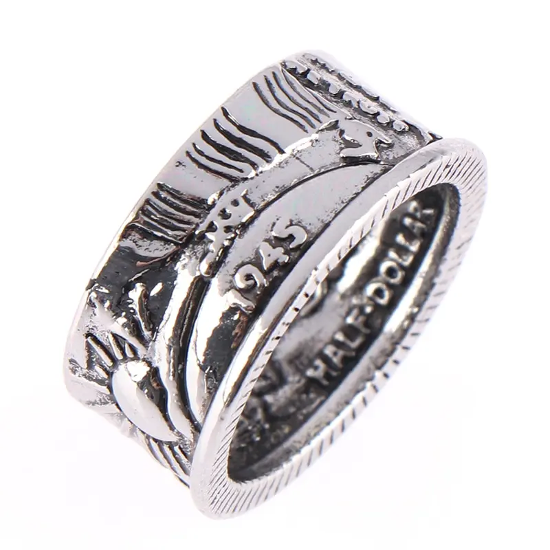 

1Pcs Handmade Coin Rings Vintage Morgan Silver Half Dollar 1945 Carved Jewelry