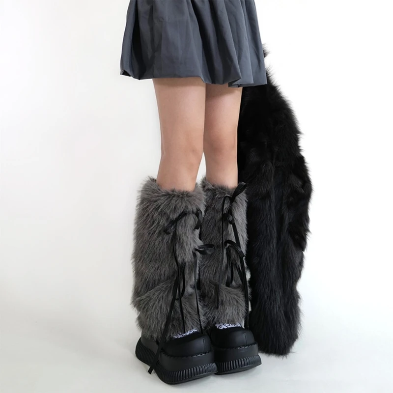 Фото JK Girls Boot Cuffs гетры женские зимние теплые Harajuku милая лента с бантом пушистый плюшевый мех белые длинные носки №5