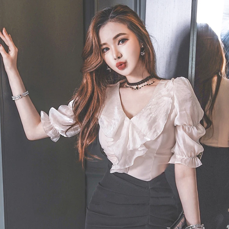 

Chiffon Women's Blouse Slim Fit Solid Casual Shirt Summer Elegant Short Sleeve Top 2022 New Fashion Female Ruffle Clothing