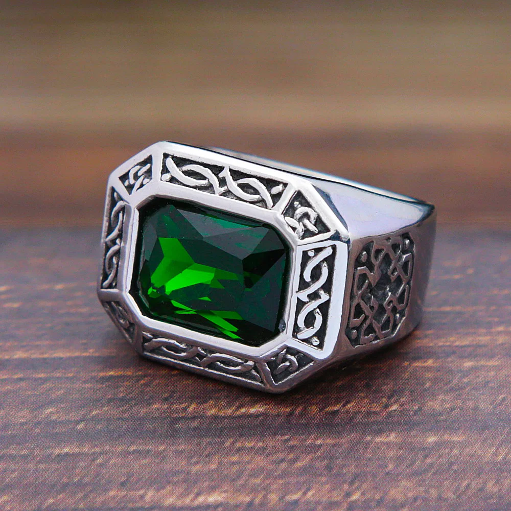 Punk Hip Hop Creative Square Green Stone Ring Men Women Stainless Steel Retro Nordic Irish Celtics Knot Rings Jewelry Gift