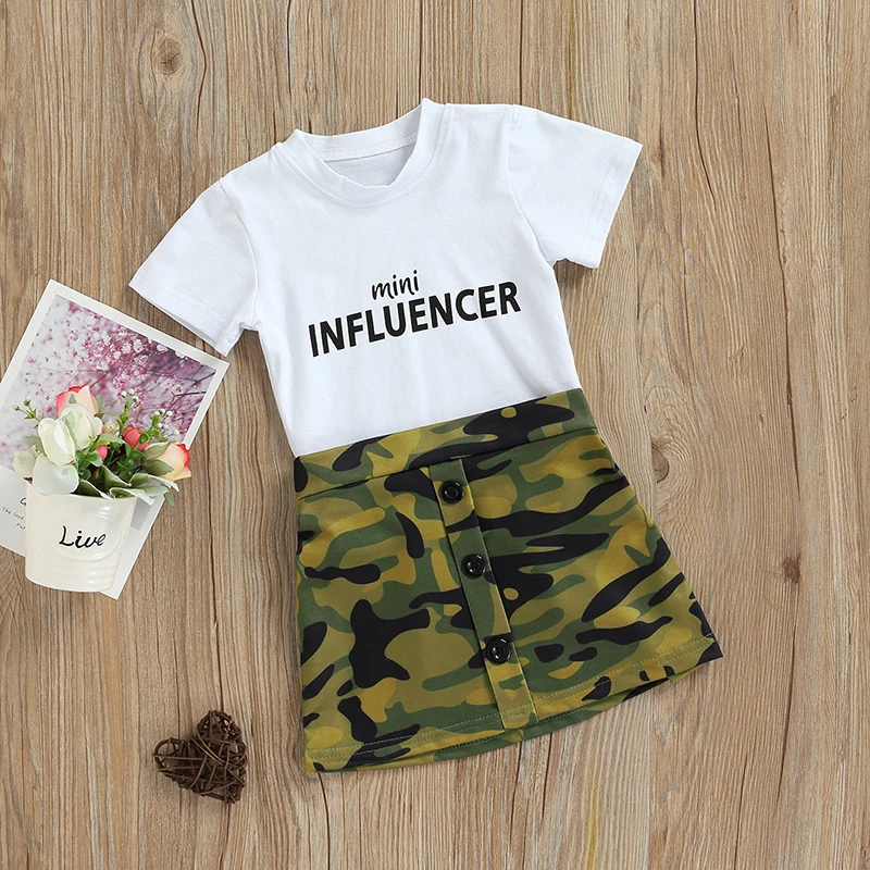 

1-6 Years Kid Baby Girl Short Skirts Outfits, Short Sleeve Letter Print Crew Neck T-shirt + Camouflage Button Skirts Set