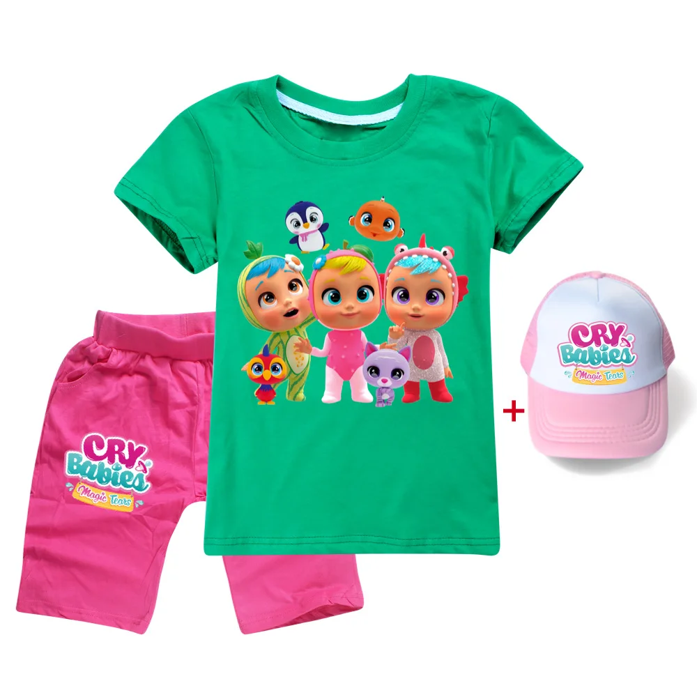 

Kids Boys Girl cry babies 3D Clothes Set Baby Boy Summer T-Shirt +Pants Fashion 2PCS Outfit Children Clothing Suit with Sun hats