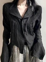 deeptown y2k blouse women vintage black shirt gothic harjauku pleated button up korean dark tight long sleeve aesthetic female
