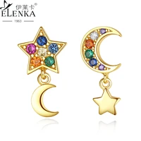asymmetrical 925 sterling silver earrings for women colorful zirconium star moon fashion small stud earring simple fine jewelry