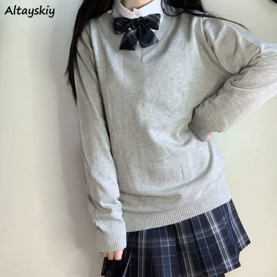 

S-5XL Pullovers Women V-neck Casual Sweaters Preppy Japanese Style Students JK Harajuku Cute Loose Sweet Knitwears Long Sleeve