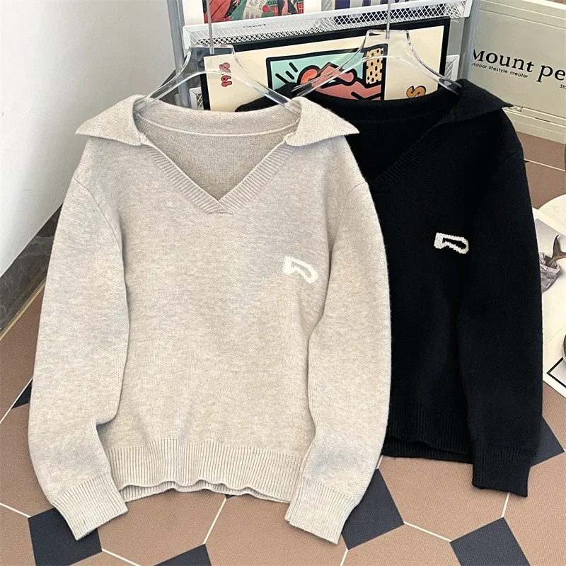 Вязаный пуловер с v-образным вырезом в американском стиле повседневный