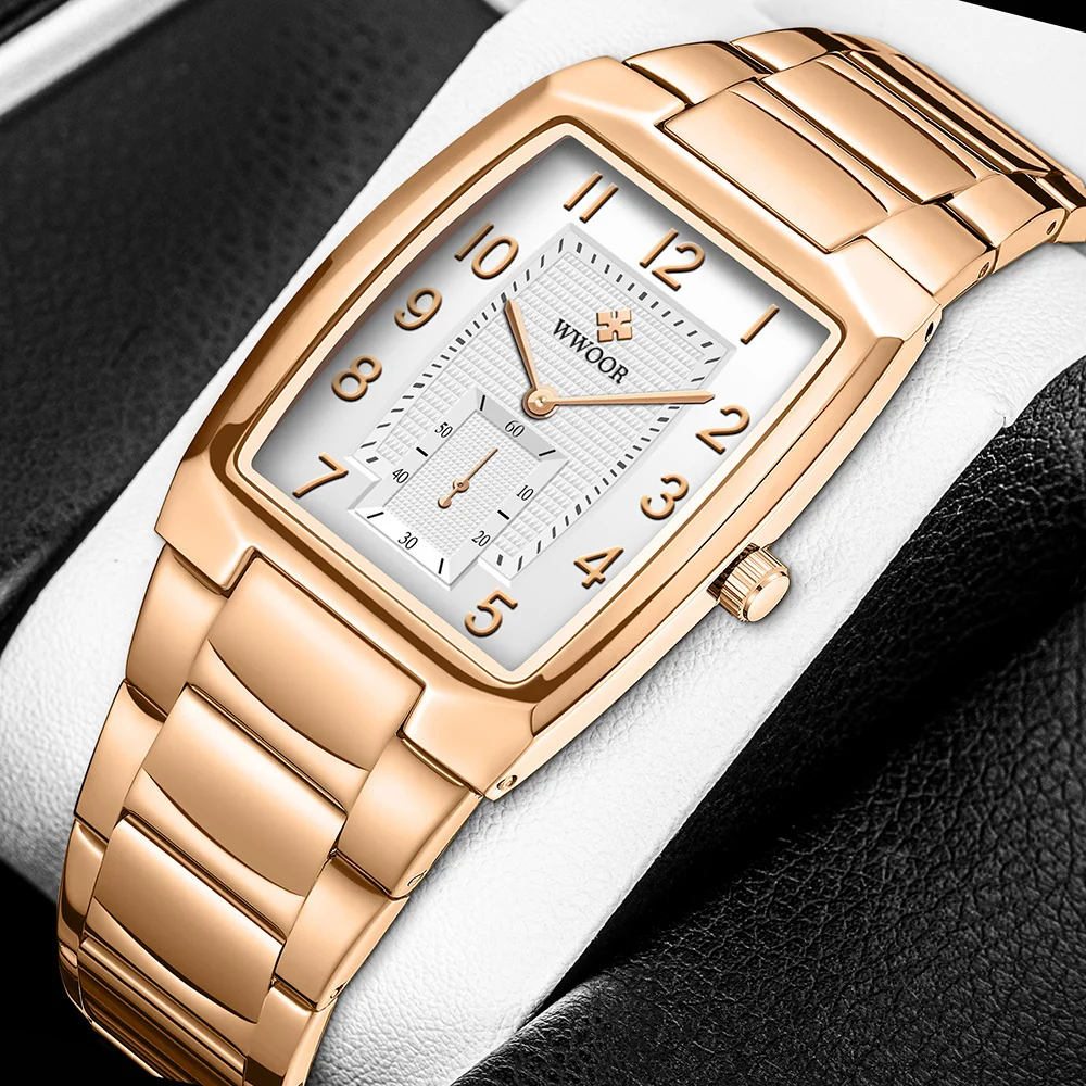 

WWOOR 2023 Luxury Watch Men Square Quartz Arabic Clock Male Stainless Steel Casual Waterproof Date Wristwatches Box Montre Femme