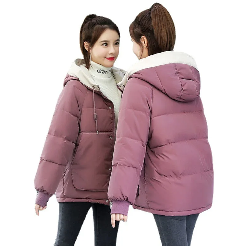 Winter Warm Hooded Cotton Padded Jacket Streetwear Women Short Thicken Parkas Korean Long Sleeve Loose Windproof Bread Outwear