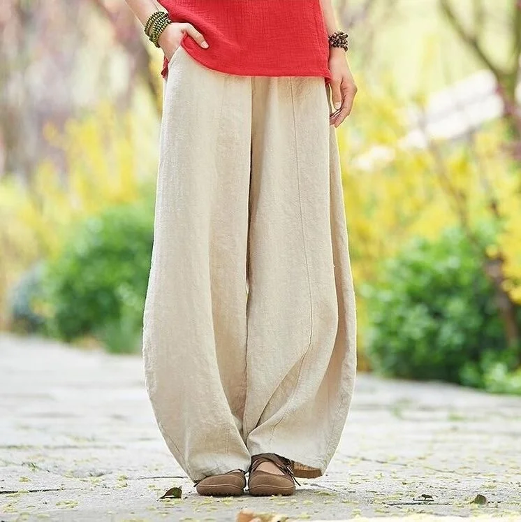 Cotton Linen Bloomers Wide Leg Pants Women Vintage Full Length Fashion Elegent Pants Solid Elasitic Waist Spring Autumn 5XL