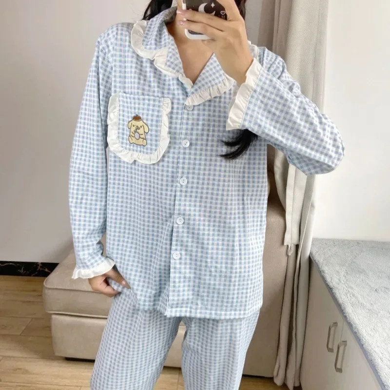 

Пижама Sanrio кружевная в клетку с длинным рукавом и помпоном, аниме мультяшный хлопковый удобный Милая домашняя одежда для молодых девушек, подарок на день рождения