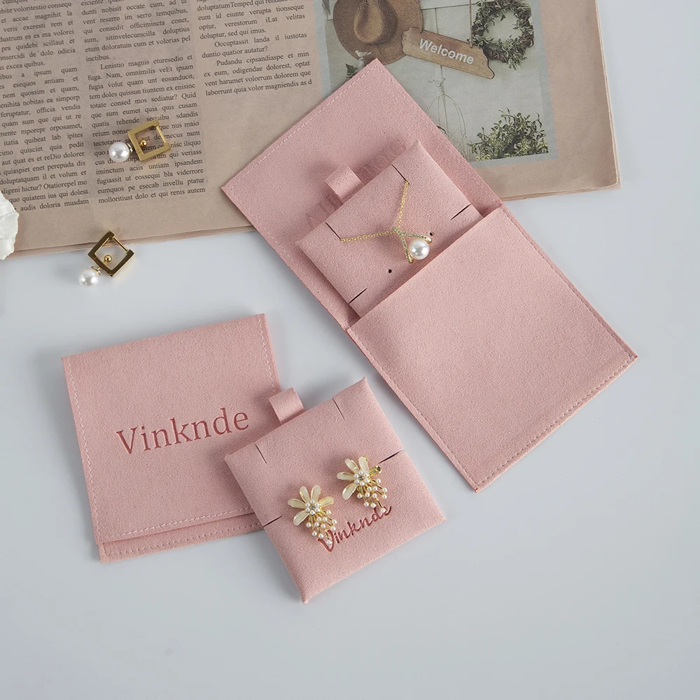 

8x8cm Jewelry Packaging Bag Envelope Flap Suede Microfiber Pouches Jewellry Earrings Necklace Card Pouch Set with Logo Custom