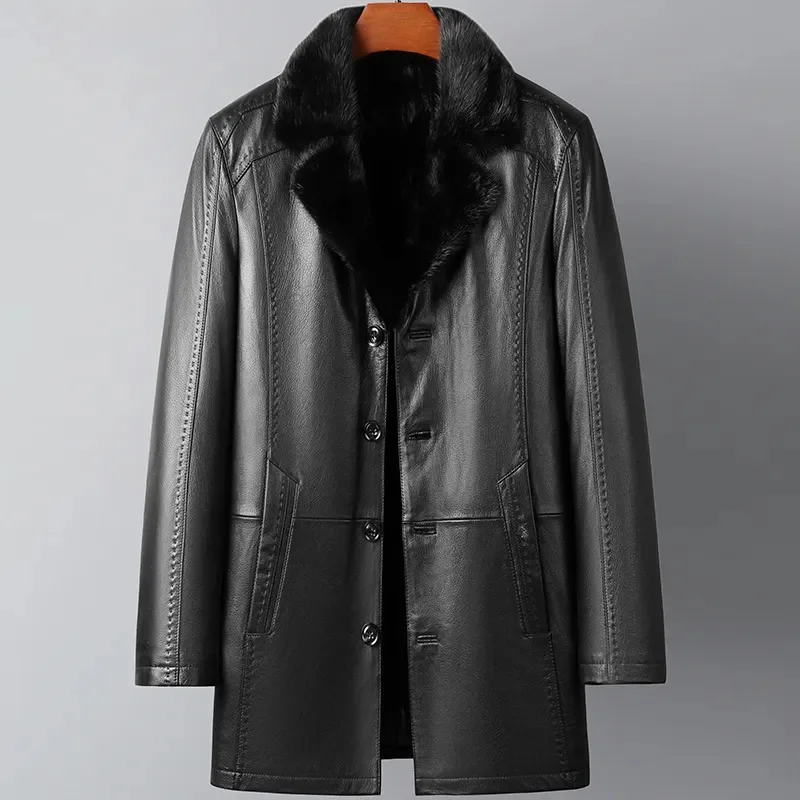 

Winter Genuine Leather Clothes Men's Mid-Length Lapel Goat Fur Integrated Jacket Mink Liner Coat Thick
