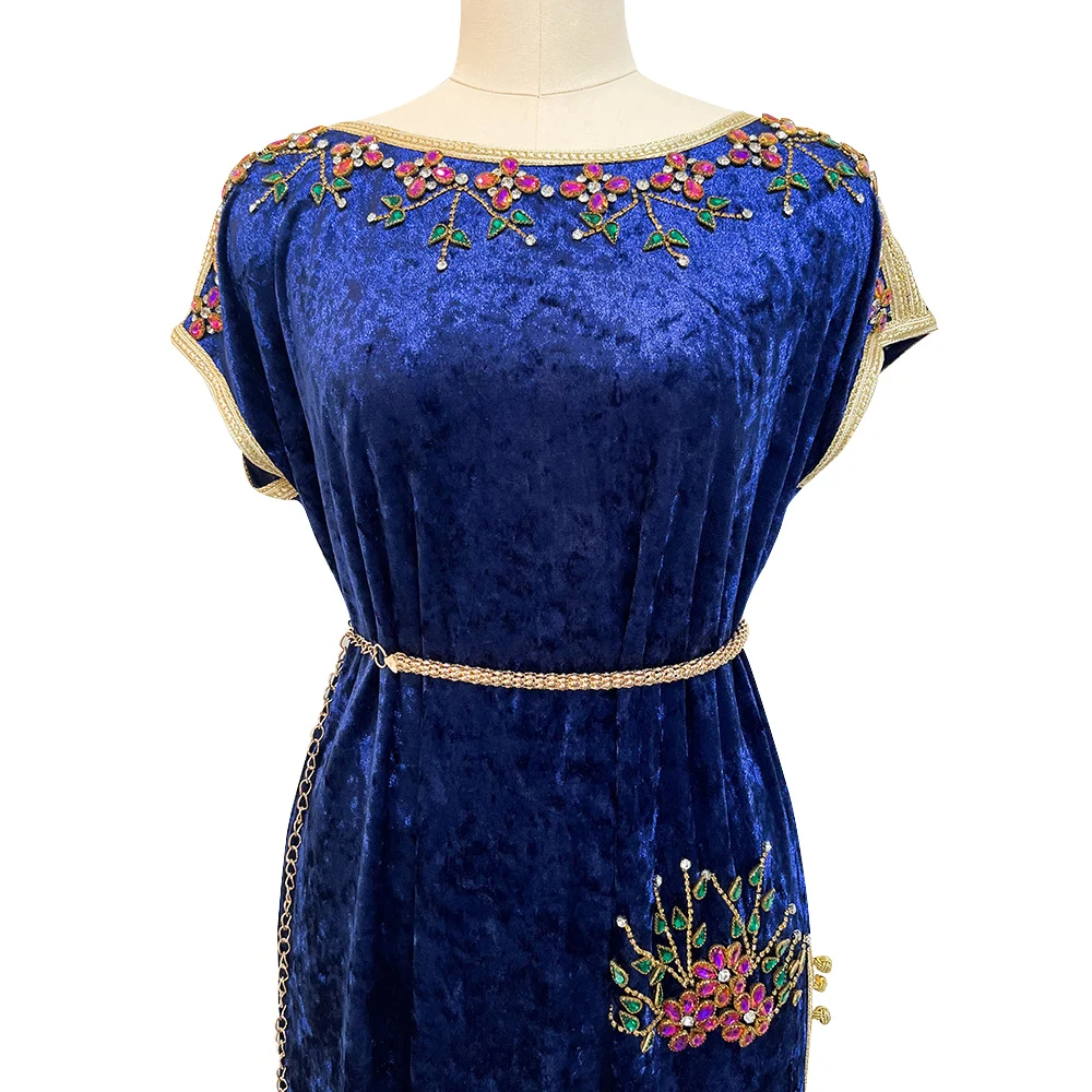 Muslim Dress Navy Blue Velvet Hand Sewn Diamond Dress Autumn Winter New Long Dress Abaya Robe Islamic Robe Party Vintage Dress