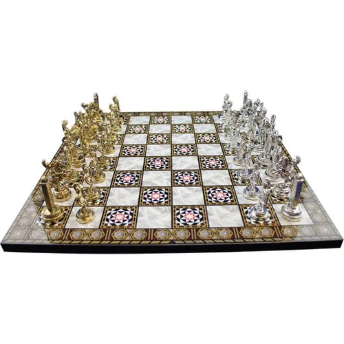 Metal Chess Set  Medium, Greek Figured, Glossy Chess Stone and MDF, Mother-of-Pearl Patterned Chess Board Special Design Stones