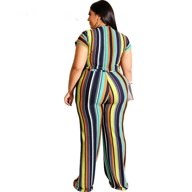 Plus Size Women Sexy Two Pieces Sets Summer 2019 Female Short Top Pants Elasticity Striped Streetwear 3xl 4xl 5xl 6xl