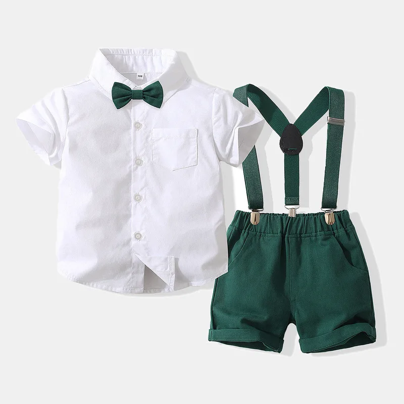 

Baby Boy Summer Clothes 2022 Sets White Lapel Single Breasted Short Sleeve Shirts + Overlls Luxury Kids Clothing For Boys Outfit