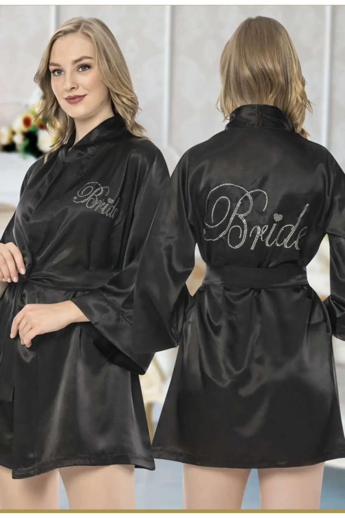 

Dressing Gown Bride Satin Stone Print Detailed Fashion Robe Robe Robe Robe Sexy Peignoir Kimono Bride Sleepwear Night Gown