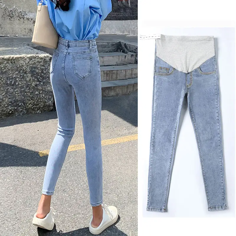 Pregnant Women Cotton Leggings Elastic Middle Waist Blue Pants Pregnancy Sports Clothes Maternity Fitness Trousers Skinny