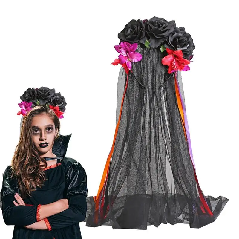 

Day Of The Dead Headband Rose Floral Crown Veil Halloween Costume Day Of The Dead Floral Headband For Role-Playing Headdress For