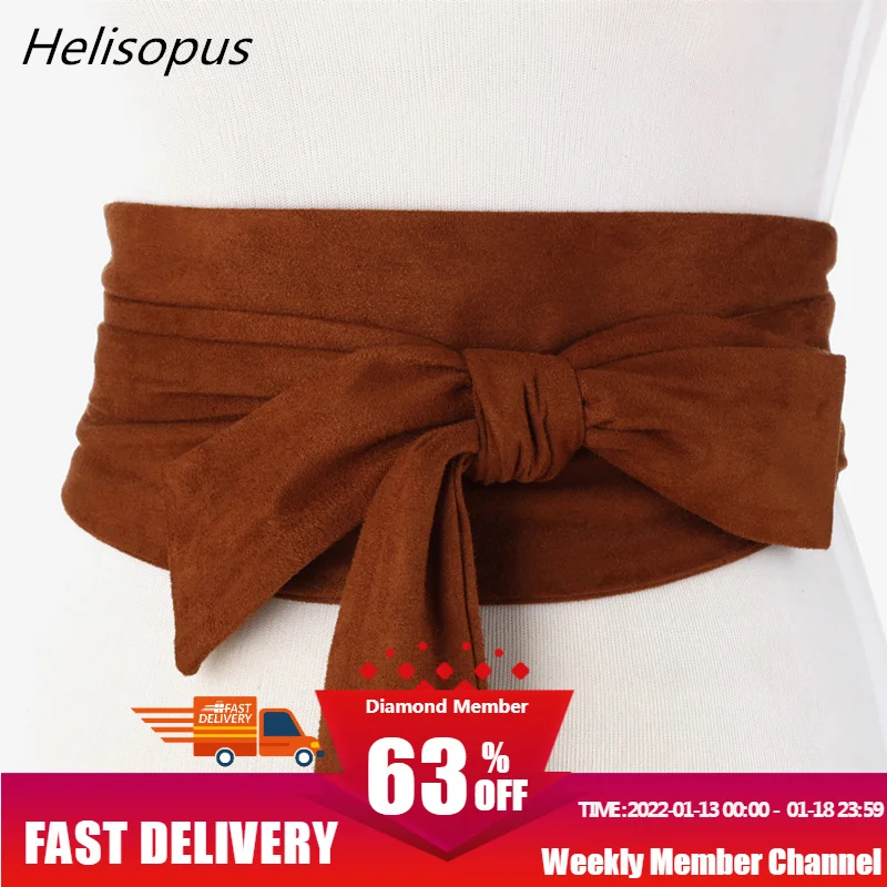 

Helisopus New Suede Belts for Women Corset Camel Autumn Winter Waist Belt Female Waistband Solid Bow Tie Wide Belts